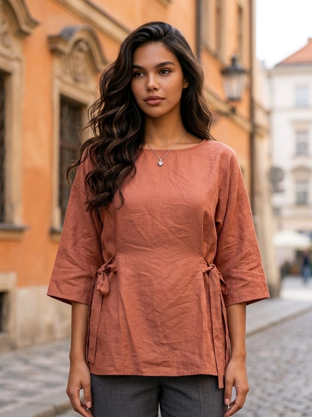 Women's Rust Tie-Waist Tunic Top - Casual Chic